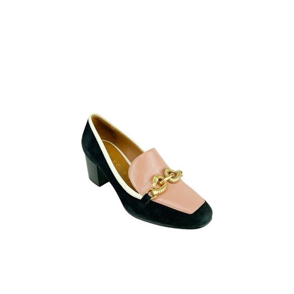 TORY BURCH Jessa Mid Heel Pump Loafers 5 Black Suede Pink Leather Slip On Gold - Picture 2 of 9